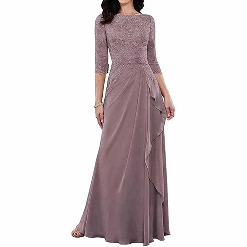 Elegant lace bridesmaid dress with sleeves in mauve featuring a flowing skirt and detailed bodice