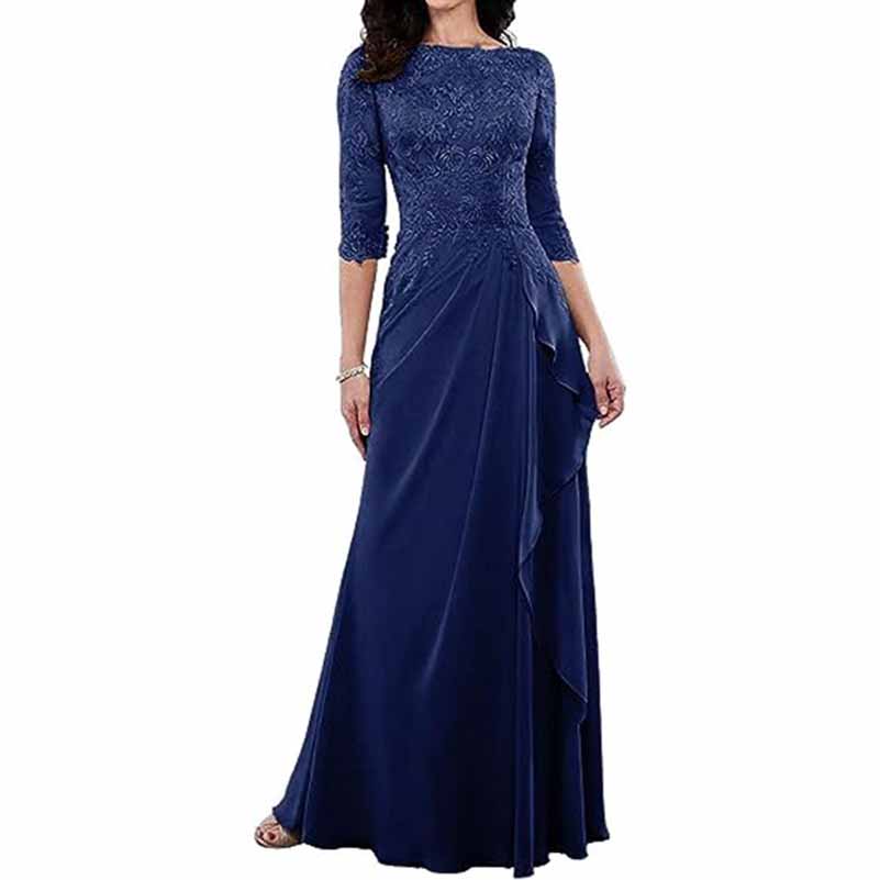 Elegant lace bridesmaid dress with sleeves in navy blue featuring a flattering silhouette