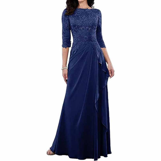 Elegant lace bridesmaid dress with sleeves in navy blue featuring a flattering silhouette