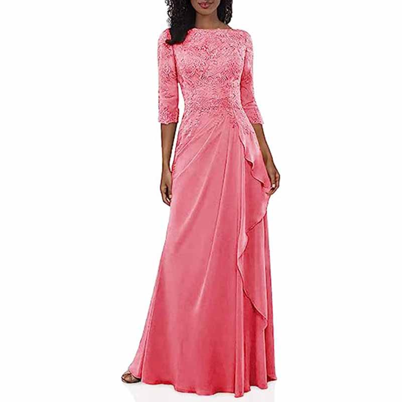 Elegant lace bridesmaid dress with sleeves in soft pink featuring a flattering silhouette and intricate detailing