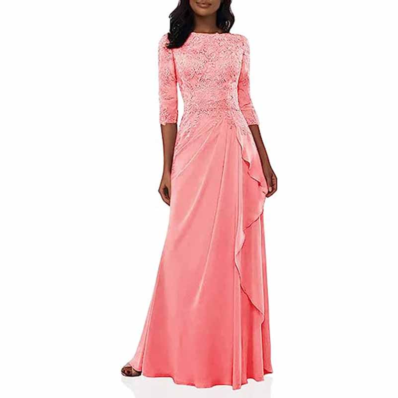Elegant lace bridesmaid dress with sleeves in coral featuring a flowing skirt and ruffle detail