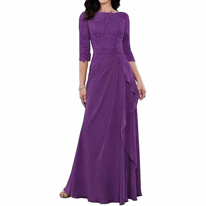 Elegant purple lace bridesmaid dress with sleeves, featuring a flowing skirt and ruffle detailing.