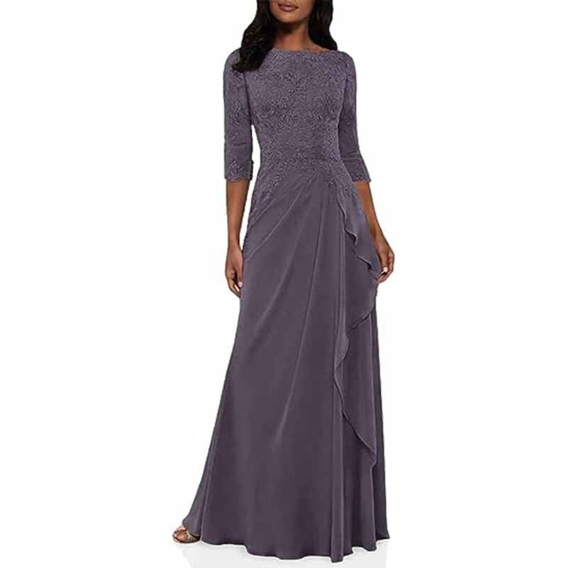 Elegant lace bridesmaid dress with sleeves in a soft gray hue featuring a flattering silhouette