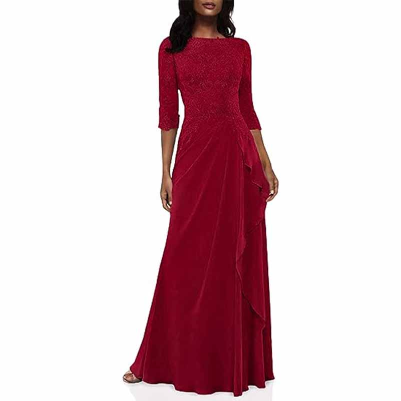 Elegant lace bridesmaid dress with sleeves in red featuring a flattering wrap design