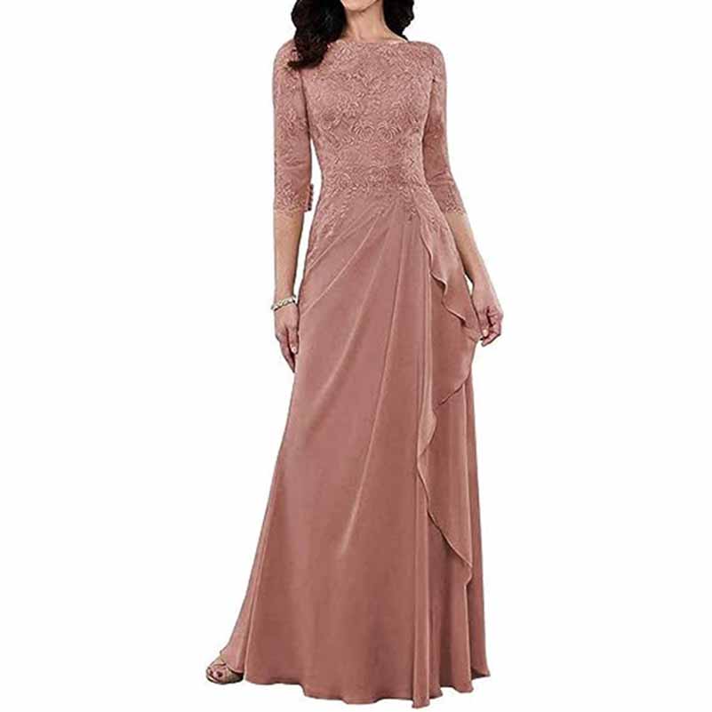 Elegant lace bridesmaid dress with sleeves in dusty rose featuring a flattering fitted bodice and flowing skirt