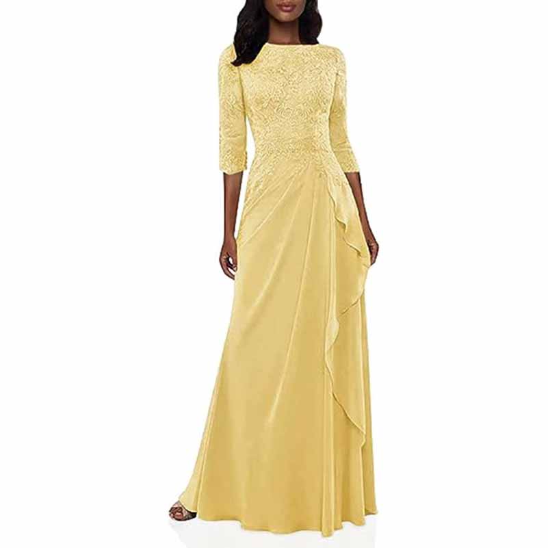 Elegant lace bridesmaid dress with sleeves in yellow featuring a flattering wrap design