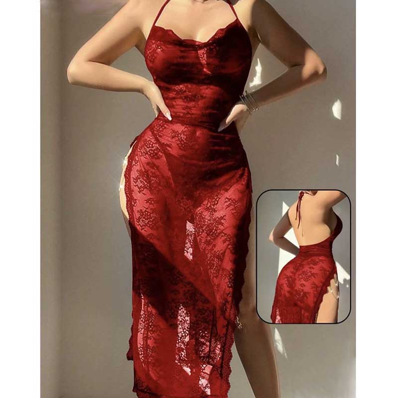 Elegant lace high split bodycon dress in deep red, featuring a sexy silhouette and back view
