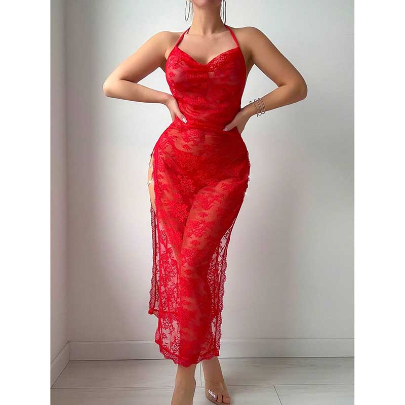 SD Dresscode lace high split bodycon dress in red with elegant sheer fabric and stunning design