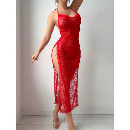 Red lace high split bodycon dress by SD Dresscode & Fashiontrends for a stunning evening look