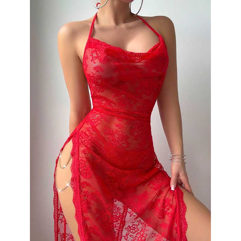 Red lace high split bodycon dress with halter neckline and elegant design for a stunning look