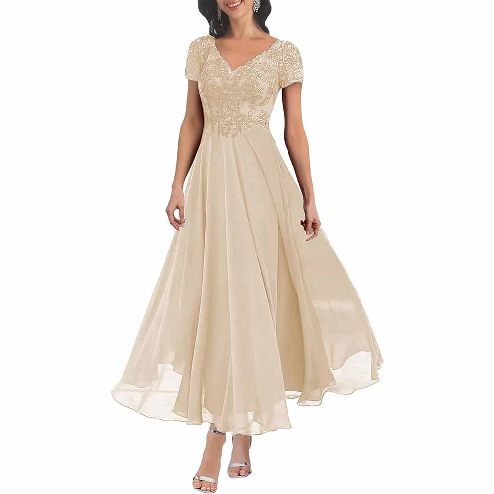 Chic lace mother of the bride dress with sleeves in beige, featuring an elegant V-neckline and flowy skirt