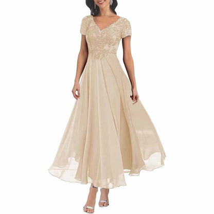 Chic lace mother of the bride dress with sleeves in beige, featuring an elegant V-neckline and flowy skirt
