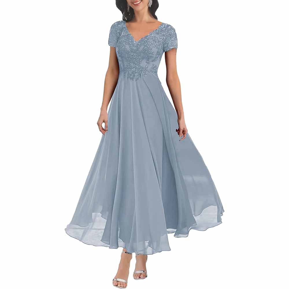 Elegant lace mother of the bride dress with sleeves in soft blue, perfect for weddings and special occasions