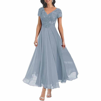 Elegant lace mother of the bride dress with sleeves in soft blue, perfect for weddings and special occasions