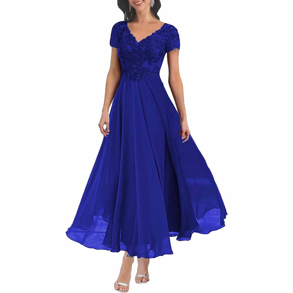 Elegant lace mother of the bride dress with sleeves in royal blue for formal weddings