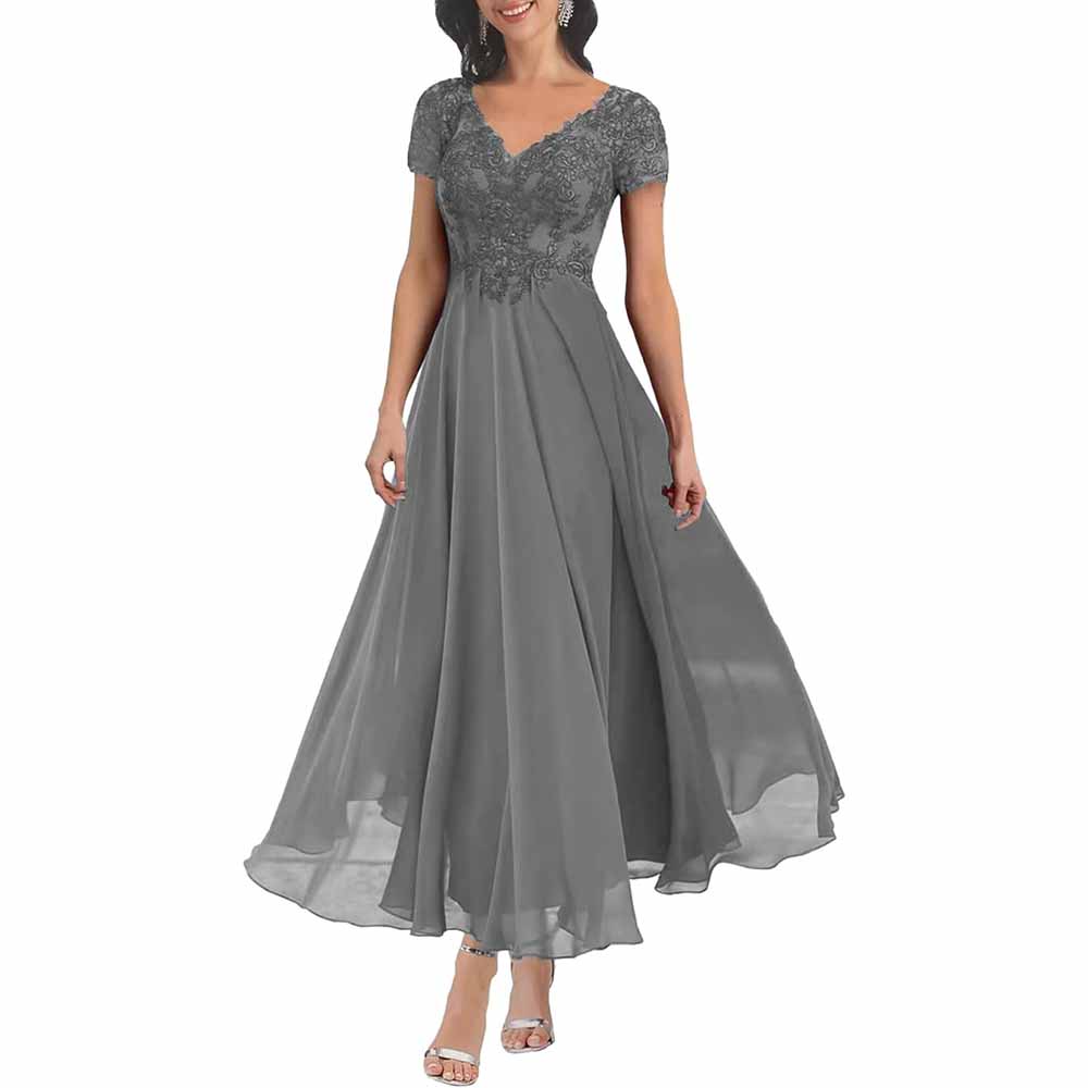 Elegant lace mother of the bride dress with sleeves in gray featuring a flowing skirt and intricate detailing