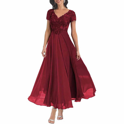 Elegant lace mother of the bride dress with sleeves in burgundy, perfect for formal wedding celebrations