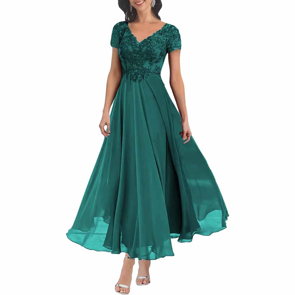 Elegant lace mother of the bride dress with sleeves in teal featuring a flowing skirt and floral embellishments