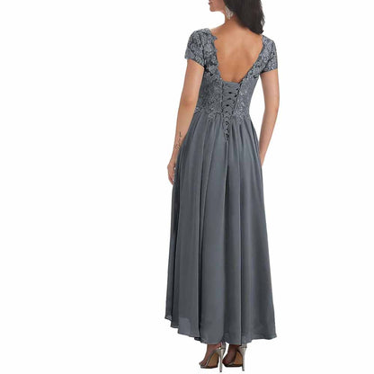 Elegant lace mother of the bride dress with sleeves in gray, featuring a flattering v-back design