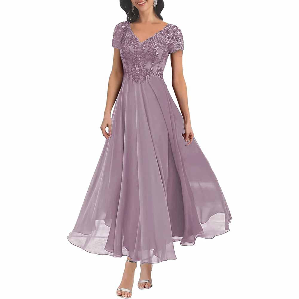 Elegant lace mother of the bride dress with sleeves in lavender featuring a flowing skirt
