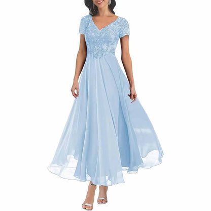 Elegant lace mother of the bride dress with sleeves in sky blue featuring a flowing skirt and intricate beading