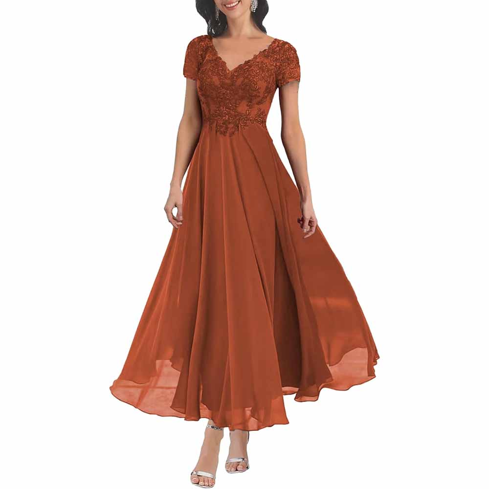 Elegant lace mother of the bride dress with sleeves in rich rust color for special occasions