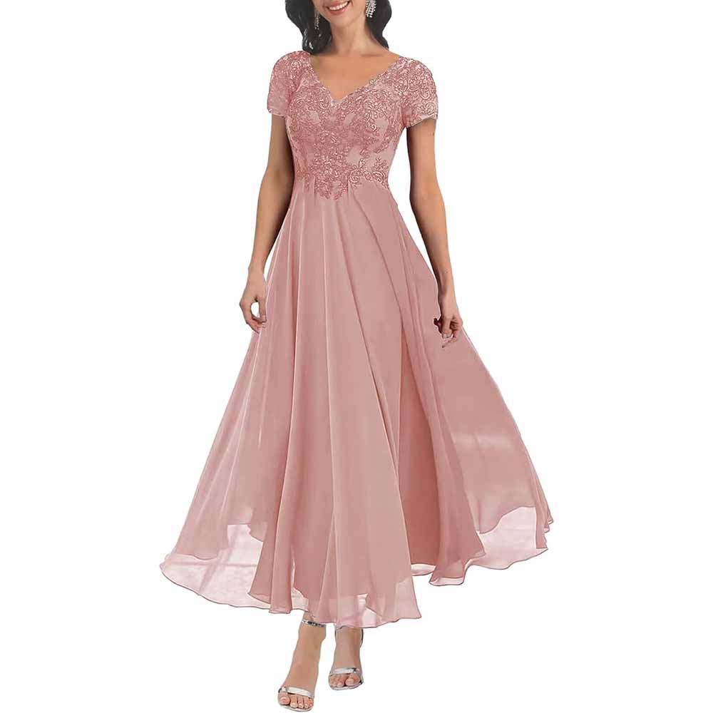 Elegant lace mother of the bride dress with sleeves in blush pink, featuring a V-neck and flowing skirt