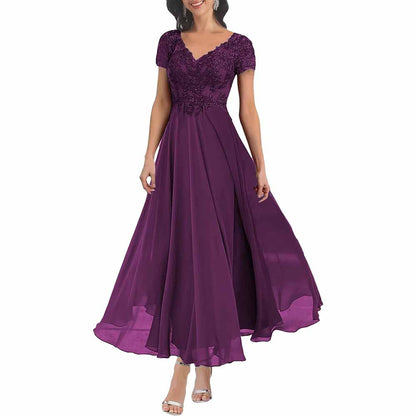 Elegant lace mother of the bride dress with sleeves in deep purple, featuring a flattering A-line silhouette