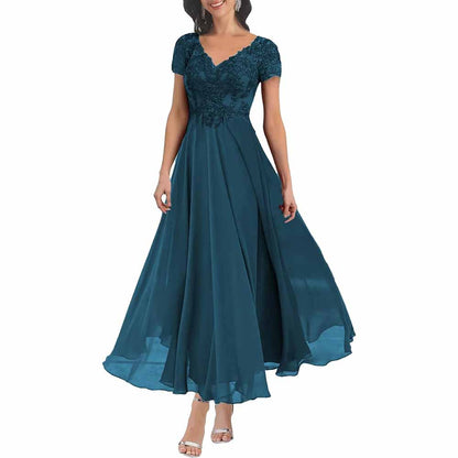 Elegant lace mother of the bride dress with sleeves in teal featuring a flowing skirt and detailed bodice