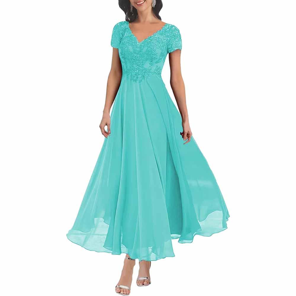 Elegant lace mother of the bride dress with sleeves in turquoise, featuring a flattering A-line silhouette