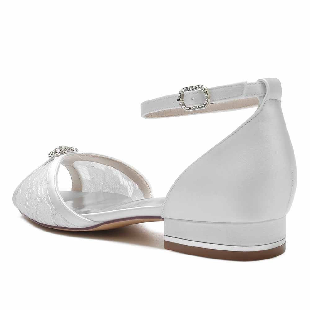 Elegant lace open toe wedding shoes with a sleek back strap and decorative buckle