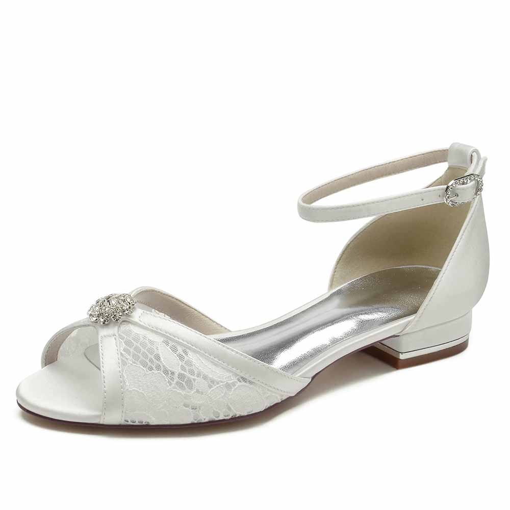 Elegant lace open toe wedding shoes with ankle strap and decorative embellishment for brides