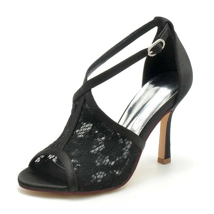 Elegant lace peep toe bridal shoes by S&DCo with stylish cross straps and a chic heel