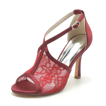 S&DCo. lace peep toe bridal shoes in red with elegant lace detailing and high heels