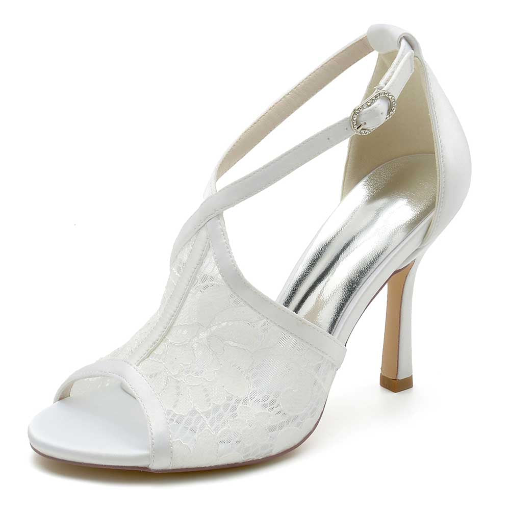 Elegant S&DCo. lace peep toe bridal shoes with a stylish heel and delicate lace detailing.
