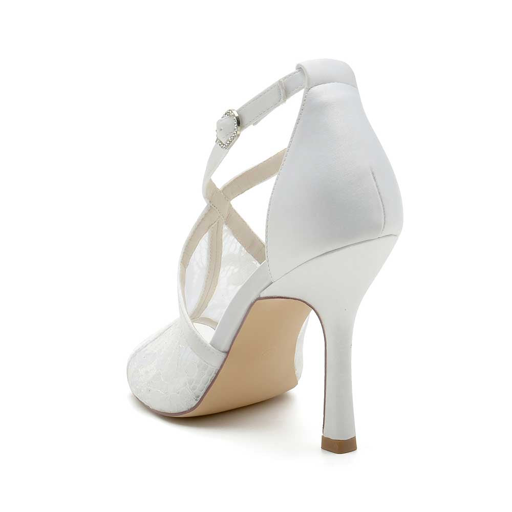 Elegant lace peep toe bridal shoes by S&DCo with a stylish high heel and ankle strap