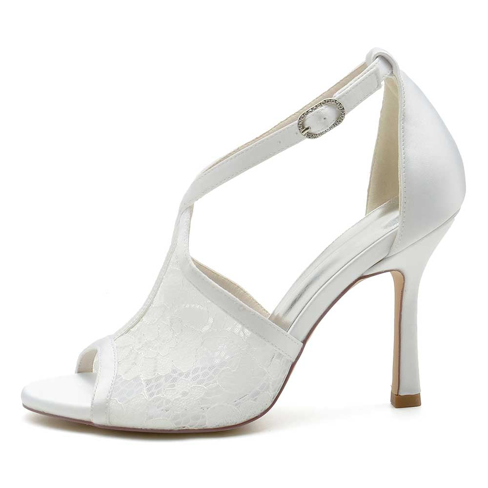 Stylish S&DCo. lace peep toe bridal shoes with elegant strappy design and high heel