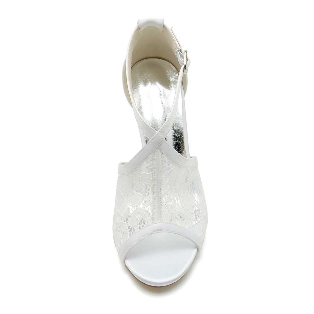 White lace peep toe bridal shoes with elegant design and ankle strap for a stylish wedding look
