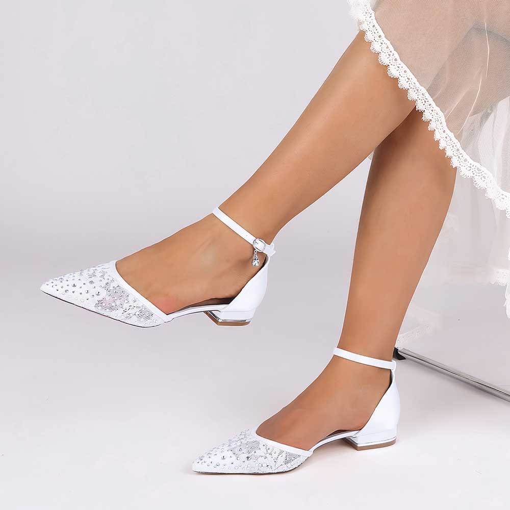 Lace satin wedding flats for women with elegant detailing and ankle strap for a stylish bridal look