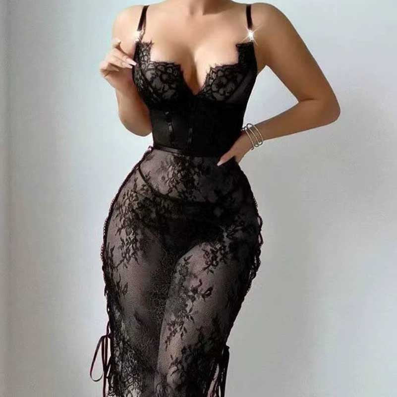 Elegant lace teddy night dress for women with plunging neckline and sheer fabric detail