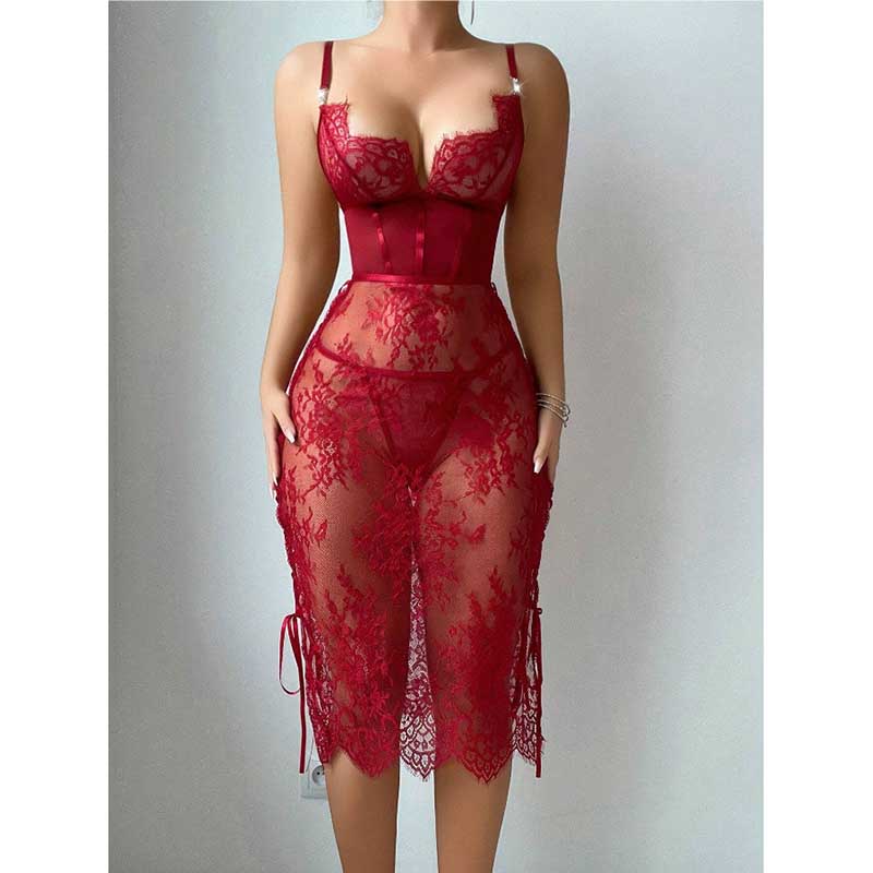 Elegant red lace teddy night dress for women featuring a fitted bodice and sheer lace overlay