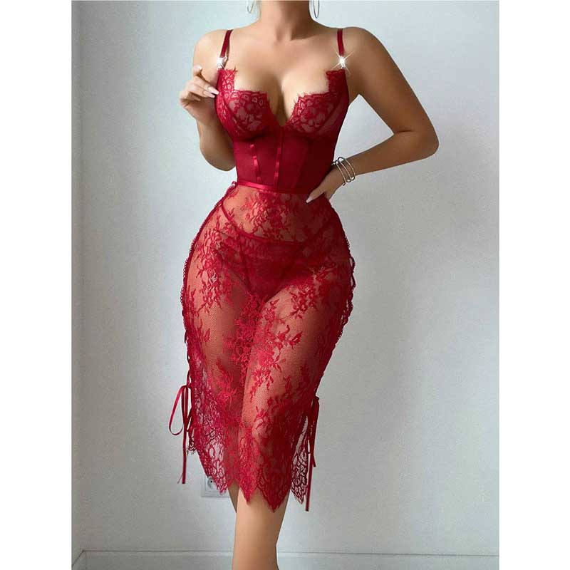 Red lace teddy night dress for women with a fitted bodice and sheer skirt for a romantic look