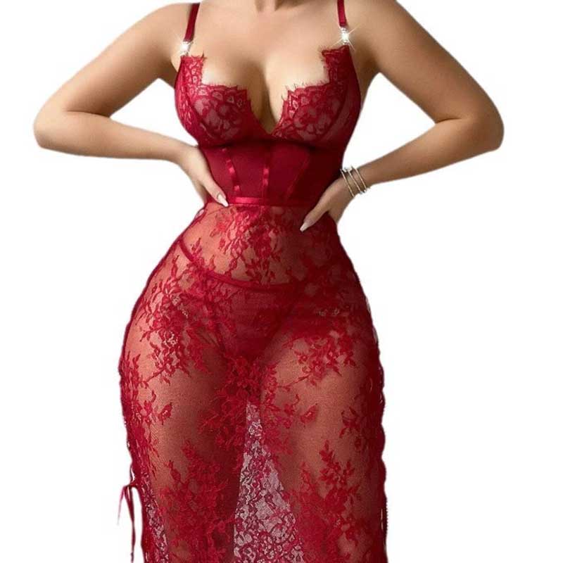 Red lace teddy night dress for women featuring delicate floral design and adjustable straps.