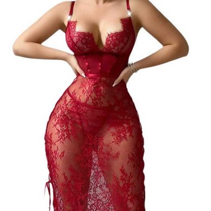 Red lace teddy night dress for women featuring delicate floral design and adjustable straps.