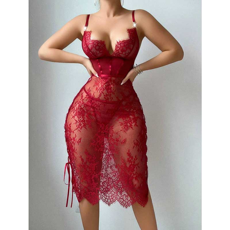 Red lace teddy night dress for women featuring delicate lace and a flattering silhouette