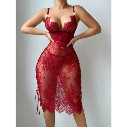Red lace teddy night dress for women featuring delicate lace and a flattering silhouette
