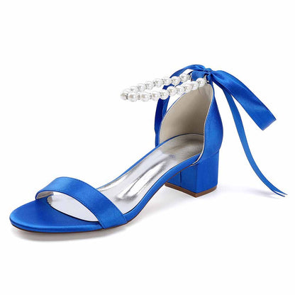 Elegant blue lace up chunky heel dress shoes with satin finish and pearl accents