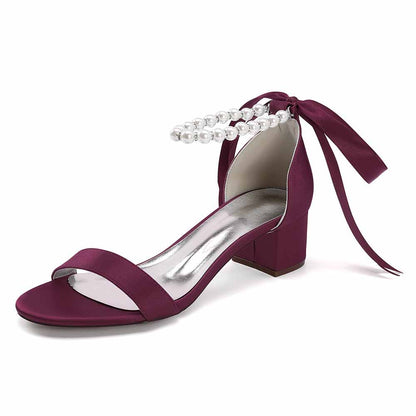 Burgundy lace up chunky heel dress shoes with pearl accents and stylish ribbon tie