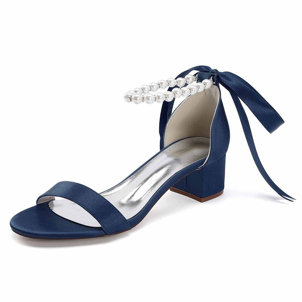 Navy lace up chunky heel dress shoes with elegant pearl ankle straps for stylish occasions