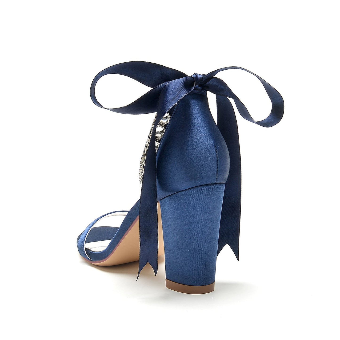 S&DCo. lace up chunky heel prom sandals in navy blue with a decorative bow and elegant design